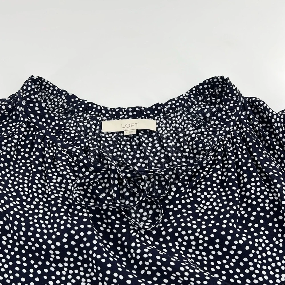 LOFT Navy blue and White polka dot Puff‎ Sleeve Blouse with Mandarin Collar